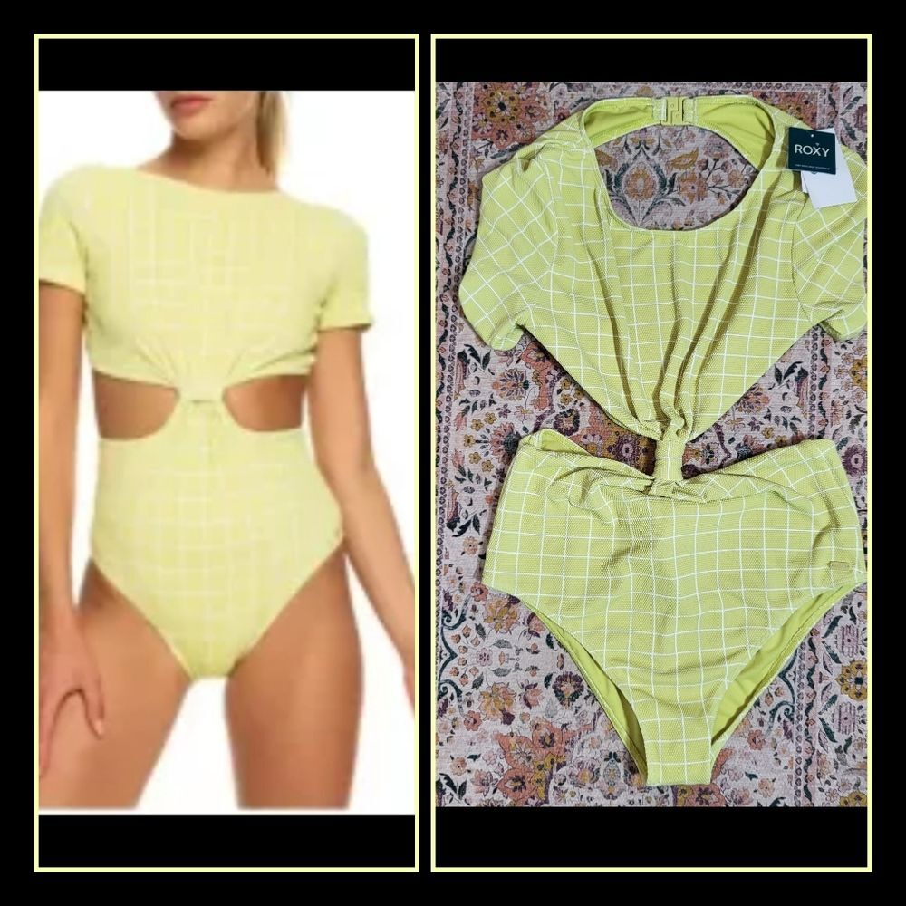 NWT ROXY Salty Shine Onesie Bathing Suit | Size XL | Retro Lime Yellow